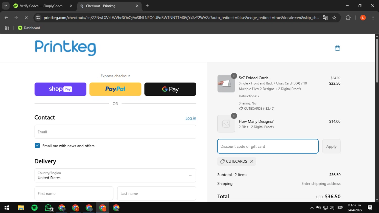 Printkeg discount code screenshot showing code CUTECARDS applied at Printkeg checkout page. Uploaded by SimplyCodes community member luissdbv4 on Apr 24, 2025