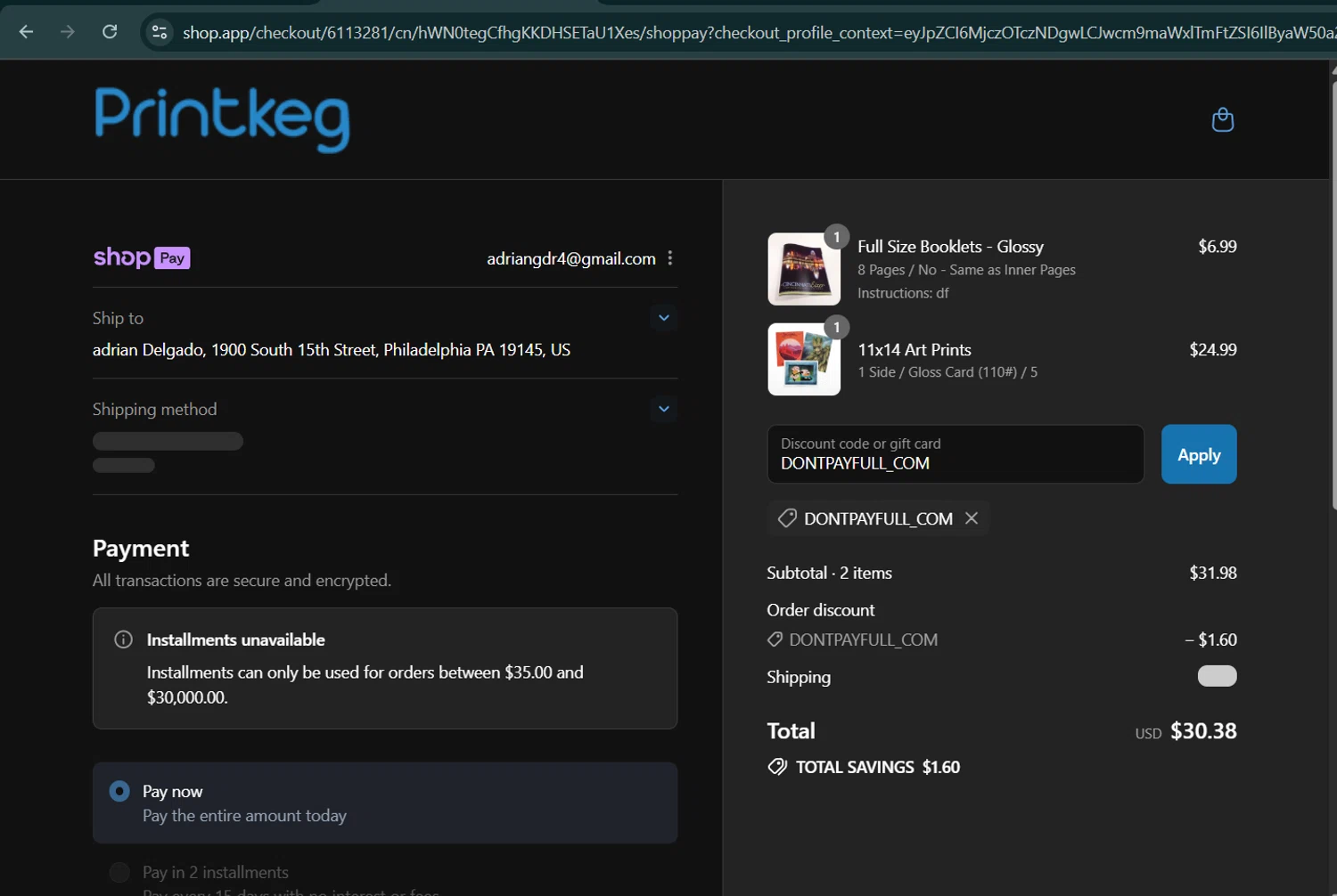 Printkeg discount code screenshot showing code DONTPAYFULL_COM applied at Printkeg checkout page. Uploaded by SimplyCodes community member AGDR28 on Jul 21, 2025