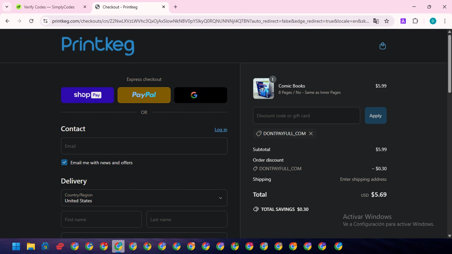 Printkeg discount code screenshot showing code DONTPAYFULL_COM applied at Printkeg checkout page. Uploaded by SimplyCodes community member ShrewdTracker5871 on Jun 30, 2025