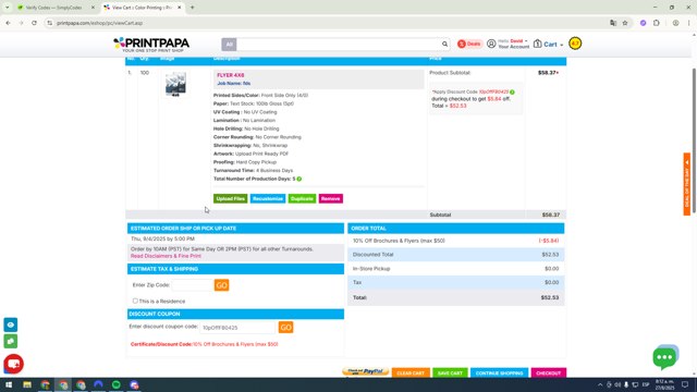 PrintPapa checkout page showing PrintPapa coupon code box | Screenshot taken by SimplyCodes community member on Aug 27, 2025