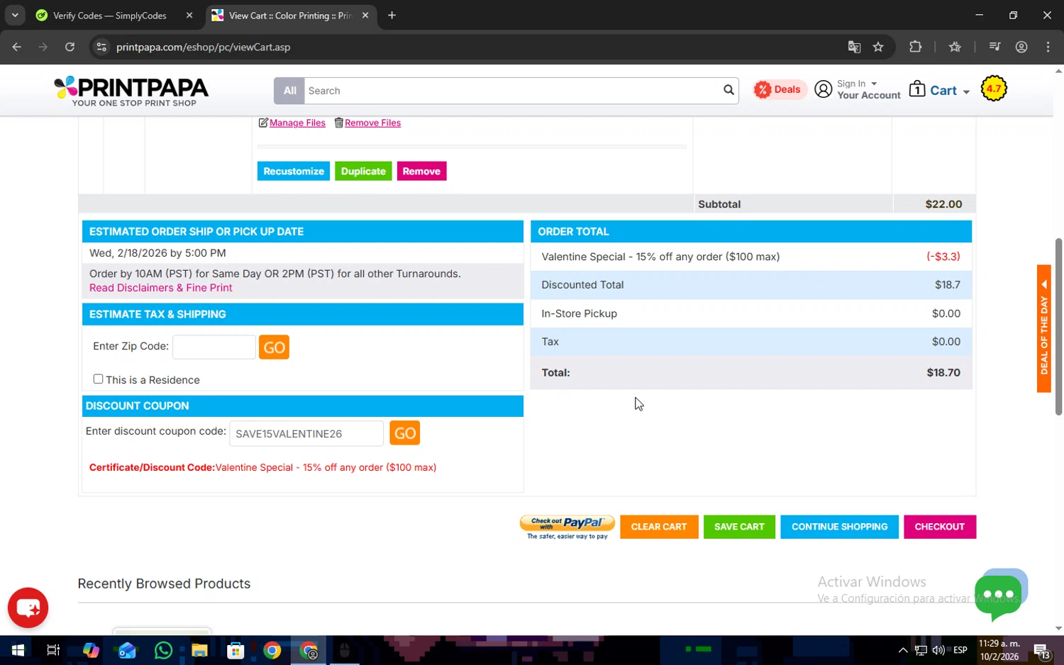 PrintPapa promo code screenshot showing code SAVE15VALENTINE26 applied at PrintPapa checkout page. Uploaded by SimplyCodes community member Freeman on Feb 10, 2026