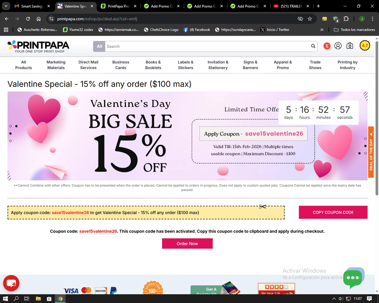 PrintPapa promo code screenshot showing code SAVE15VALENTINE26 applied at PrintPapa checkout page. Uploaded by SimplyCodes community member Codehunter on Feb 10, 2026
