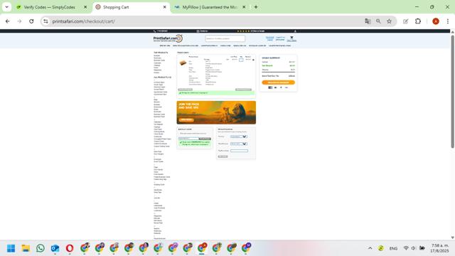 PrintSafari.com checkout page showing PrintSafari.com coupon code box | Screenshot taken by SimplyCodes community member on Aug 17, 2025