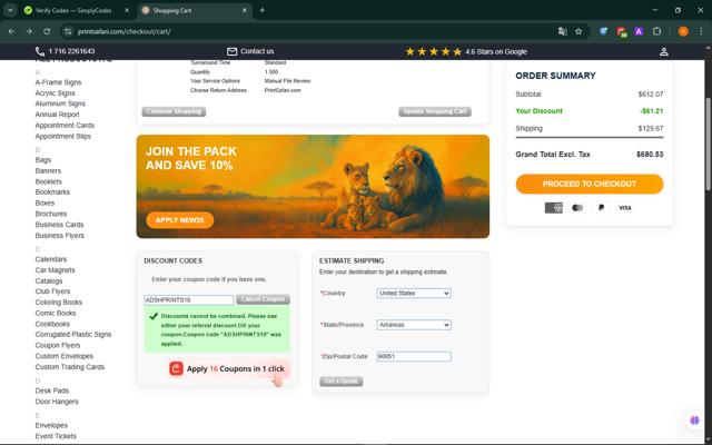 PrintSafari.com checkout page showing PrintSafari.com coupon code box | Screenshot taken by SimplyCodes community member on Sep 10, 2025