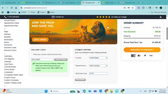 PrintSafari.com checkout page showing PrintSafari.com coupon code box | Screenshot taken by SimplyCodes community member on Sep 19, 2025