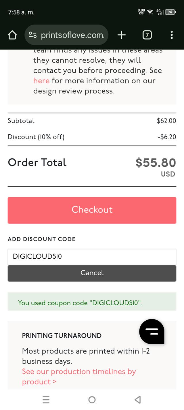 Prints of Love checkout page showing Prints of Love discount code box | Screenshot taken by SimplyCodes community member on Aug 30, 2025
