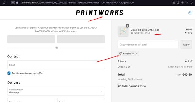 Printworks checkout page showing Printworks promo code box | Screenshot taken by SimplyCodes community member on Sep 23, 2024
