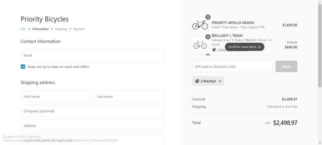 Priority Bicycles checkout page showing Priority Bicycles promo code box | Screenshot taken by SimplyCodes community member on Jul 29, 2021