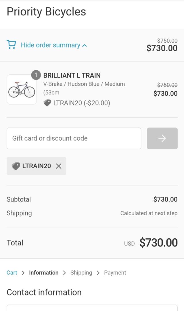Priority Bicycles checkout page showing Priority Bicycles promo code box | Screenshot taken by SimplyCodes community member on Feb 16, 2022