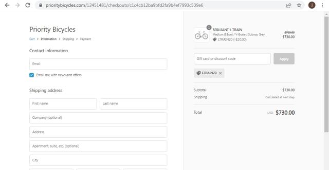 Priority Bicycles checkout page showing Priority Bicycles promo code box | Screenshot taken by SimplyCodes community member on Mar 6, 2022