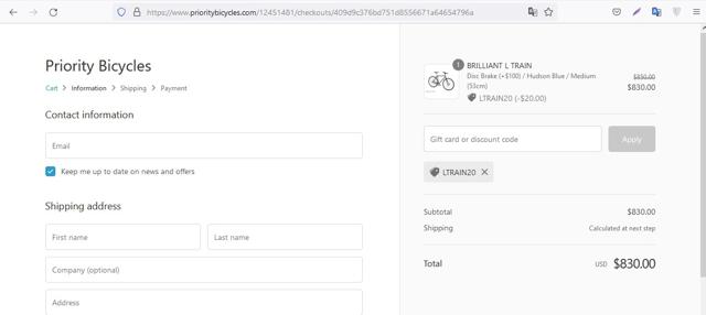 Priority Bicycles checkout page showing Priority Bicycles promo code box | Screenshot taken by SimplyCodes community member on Sep 20, 2021