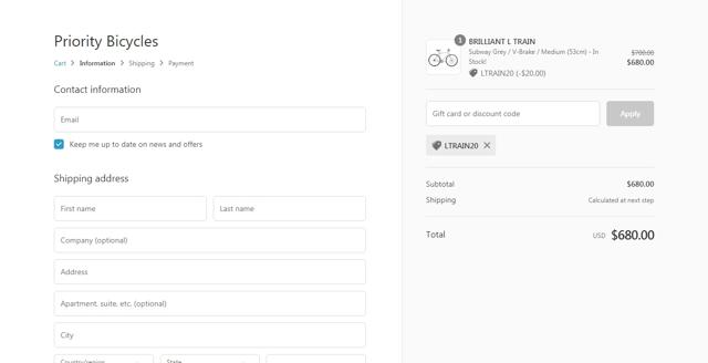 Priority Bicycles checkout page showing Priority Bicycles promo code box | Screenshot taken by SimplyCodes community member on Aug 14, 2021