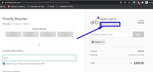 Priority Bicycles checkout page showing Priority Bicycles promo code box | Screenshot taken by SimplyCodes community member on May 12, 2021
