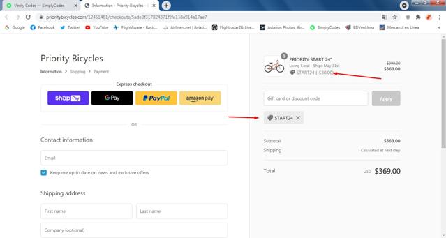 Priority Bicycles checkout page showing Priority Bicycles promo code box | Screenshot taken by SimplyCodes community member on May 12, 2021