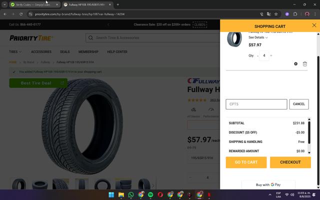 Priority Tire checkout page showing Priority Tire discount code box | Screenshot taken by SimplyCodes community member on Aug 8, 2025