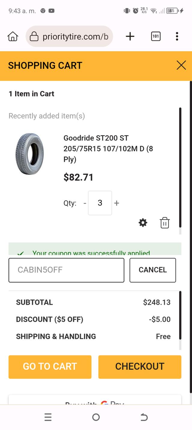 Priority Tire checkout page showing Priority Tire discount code box | Screenshot taken by SimplyCodes community member on Sep 1, 2025