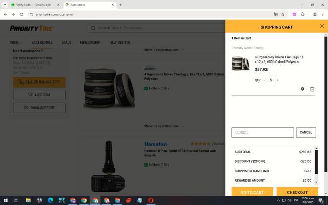 Priority Tire checkout page showing Priority Tire discount code box | Screenshot taken by SimplyCodes community member on Aug 8, 2025