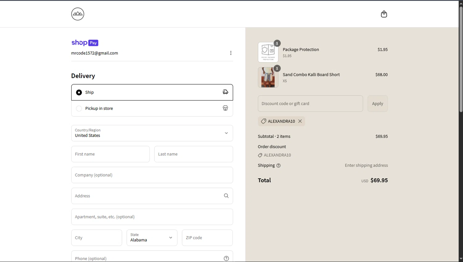 Prism Boutique promo code screenshot showing code ALEXANDRA10 applied at Prism Boutique checkout page. Uploaded by SimplyCodes community member TokioMiller on Jul 18, 2025