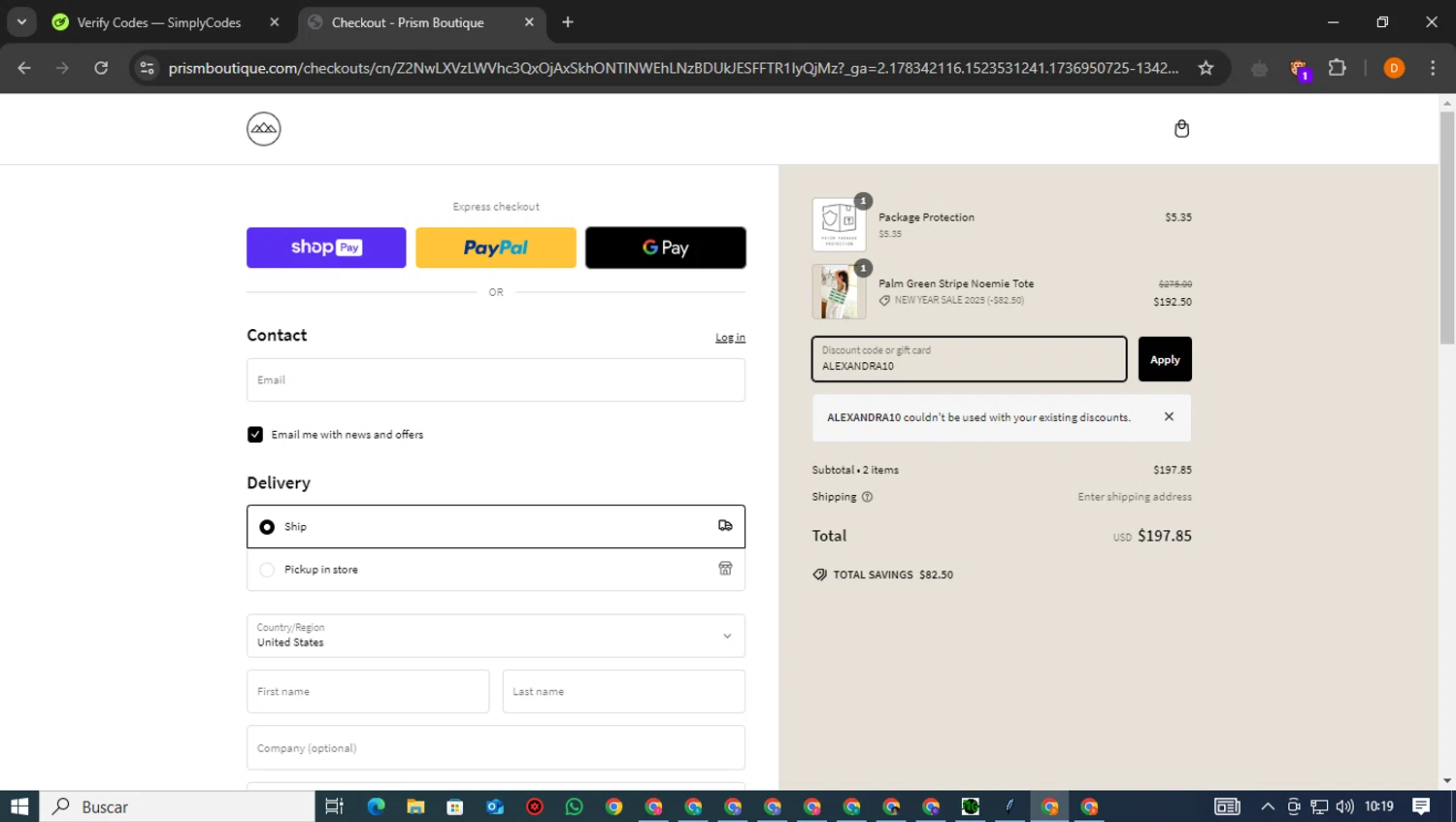 Prism Boutique promo code screenshot showing code ALEXANDRA10 applied at Prism Boutique checkout page. Uploaded by SimplyCodes community member ShieldMaestro9172 on Jan 15, 2025