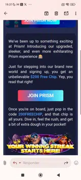 Prism Casino coupon verification screenshot