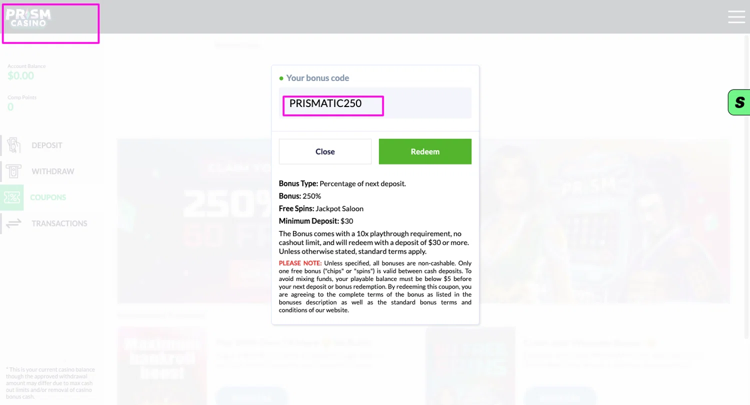 Prism Casino promo code screenshot showing code PRISMATIC250 applied at Prism Casino checkout page. Uploaded by SimplyCodes community member mrdarcy on Jun 1, 2026
