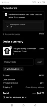 WELCOME959 coupon verification screenshot
