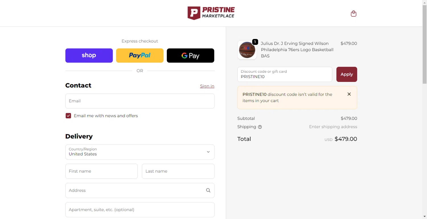 Pristine Auction promo code screenshot showing code PRISTINE10 applied at Pristine Auction checkout page. Uploaded by SimplyCodes community member BonusFox1297 on Dec 2, 2025