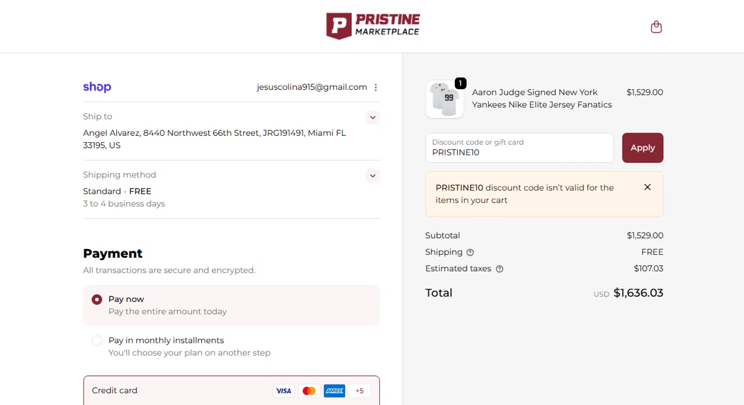 Pristine Auction checkout page showing Pristine Auction promo code box | Screenshot taken by SimplyCodes community member on Dec 15, 2025