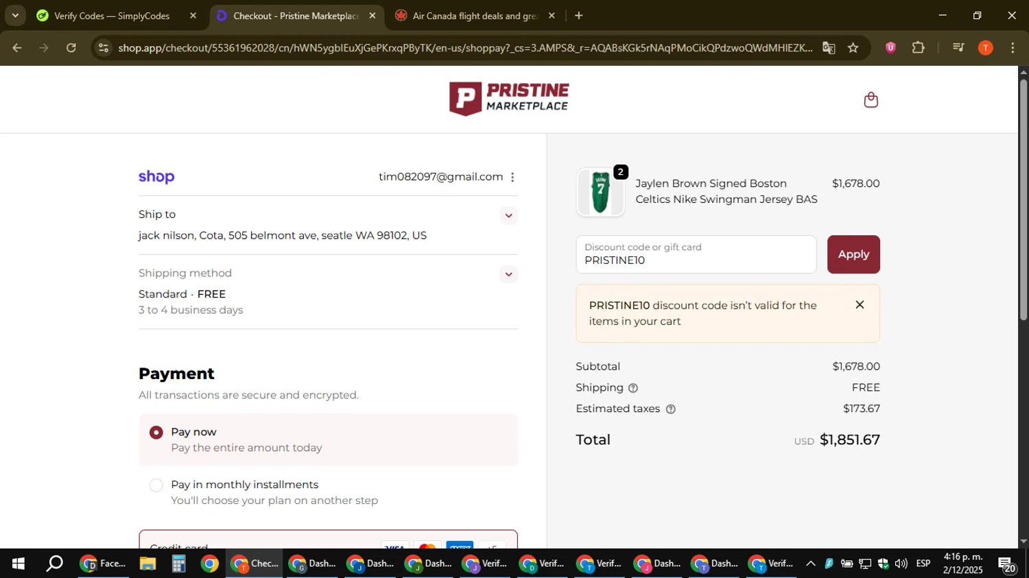 Pristine Auction promo code screenshot showing code PRISTINE10 applied at Pristine Auction checkout page. Uploaded by SimplyCodes community member ShrewdAce8338 on Dec 2, 2025
