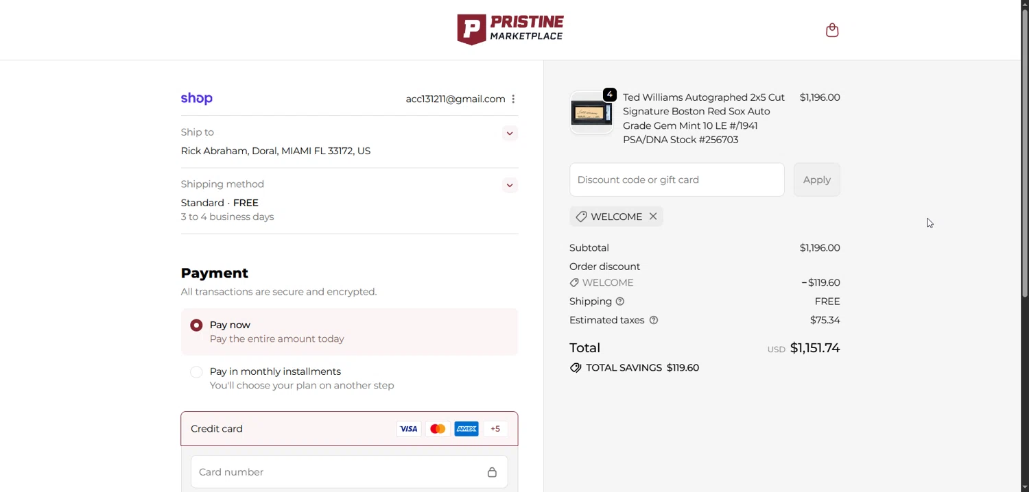 Pristine Auction promo code screenshot showing code WELCOME applied at Pristine Auction checkout page. Uploaded by SimplyCodes community member varusitochambeador3 on Dec 5, 2025