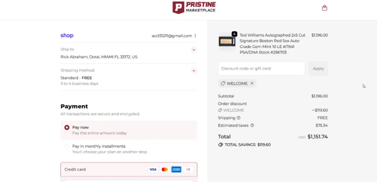 Pristine Auction promo code screenshot showing code WELCOME applied at Pristine Auction checkout page. Uploaded by SimplyCodes community member codygakpo on Dec 19, 2025