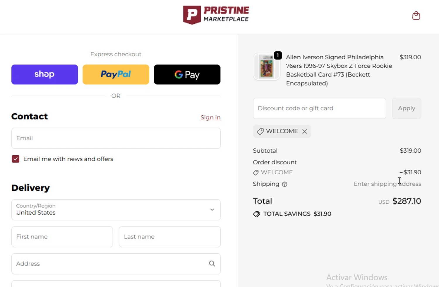 Pristine Auction checkout page showing Pristine Auction promo code box | Screenshot taken by SimplyCodes community member on Nov 25, 2025