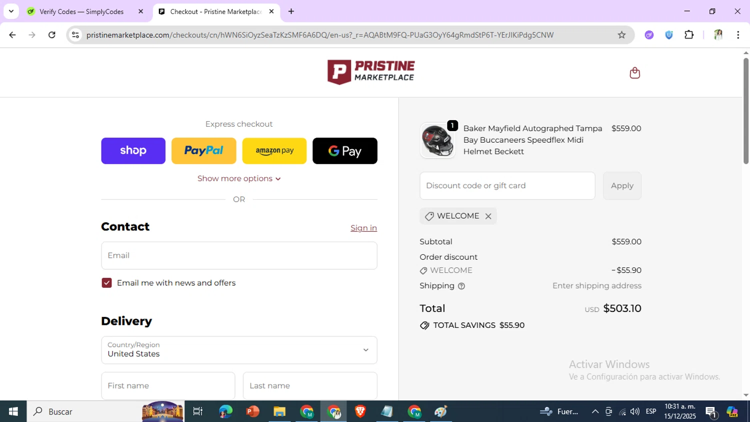 Pristine Auction promo code screenshot showing code WELCOME applied at Pristine Auction checkout page. Uploaded by SimplyCodes community member melanietoyo on Dec 15, 2025