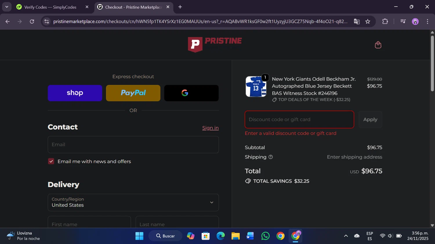 Pristine Auction promo code screenshot showing code GRAVY applied at Pristine Auction checkout page. Uploaded by SimplyCodes community member SavingsMaven1223 on Nov 24, 2025