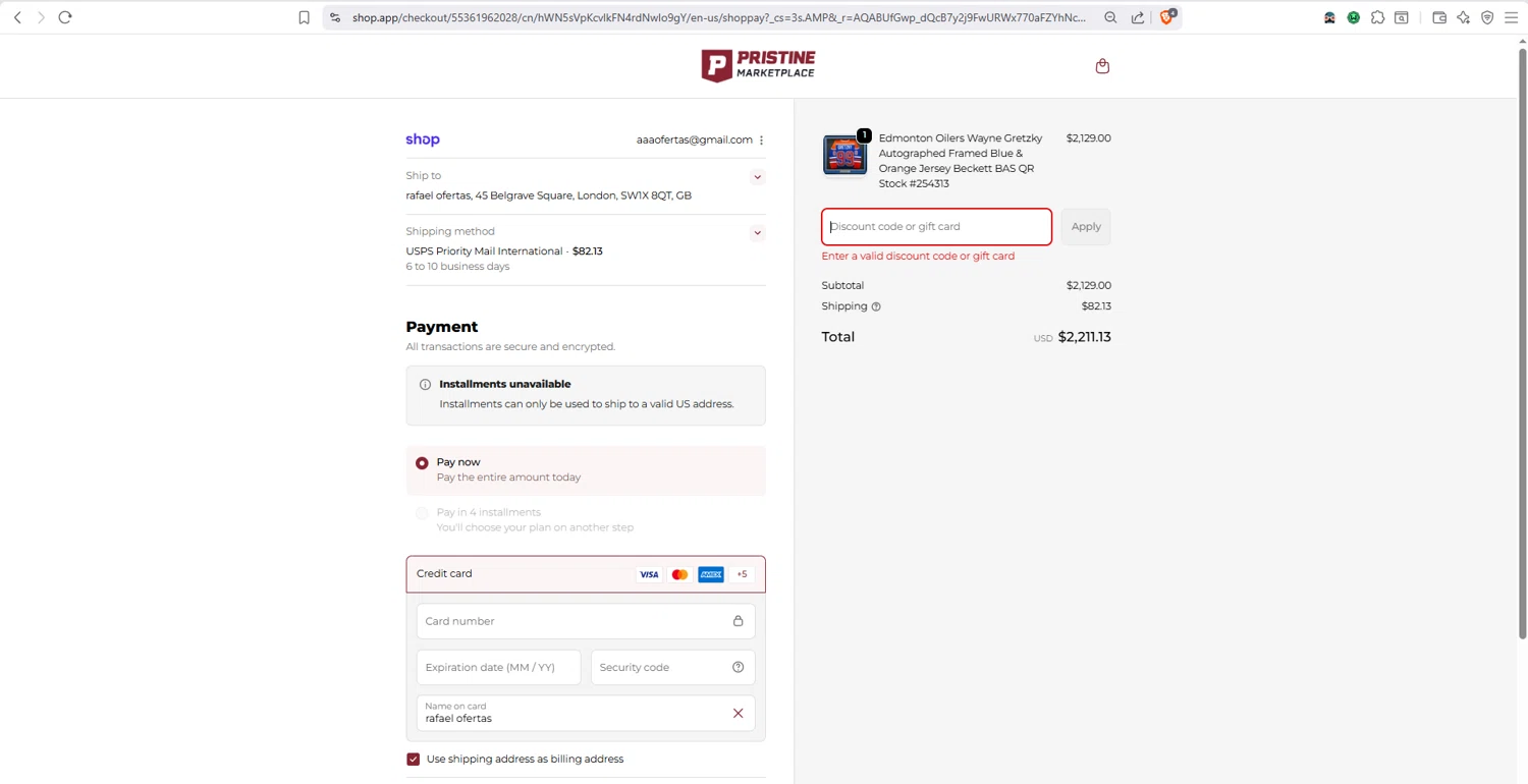 Pristine Auction promo code screenshot showing code PECAN applied at Pristine Auction checkout page. Uploaded by SimplyCodes community member dayselis15 on Nov 30, 2025