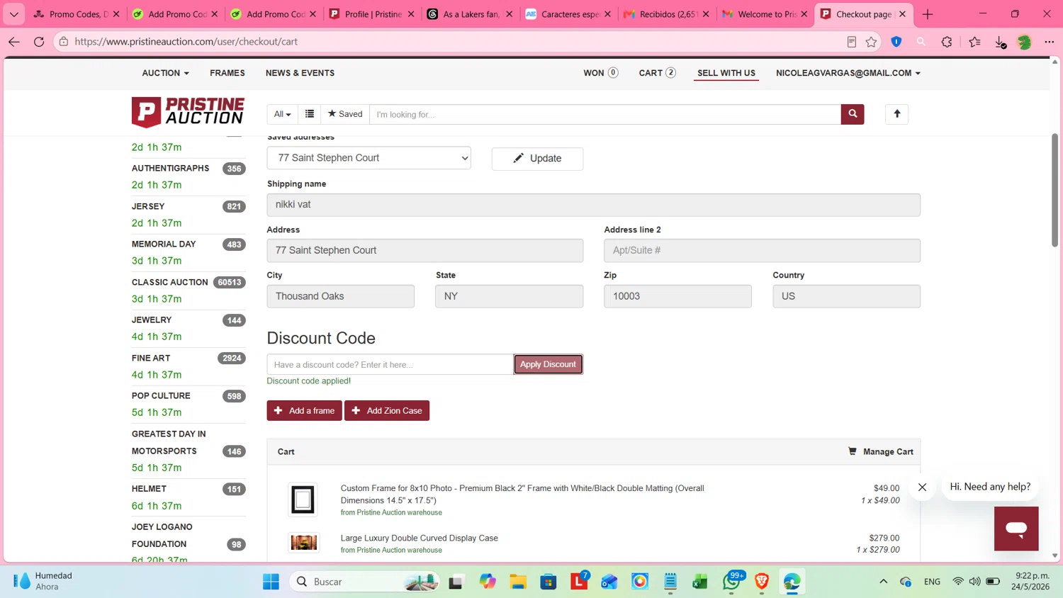 Pristine Auction promo code screenshot showing code sports20 applied at Pristine Auction checkout page. Uploaded by SimplyCodes community member cosita on May 25, 2026
