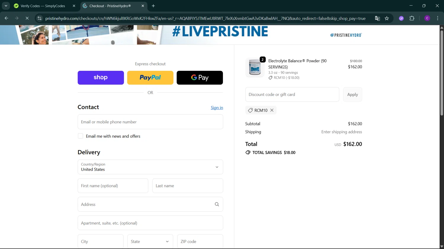 PristineHydro promo code screenshot showing code RCM10 applied at PristineHydro checkout page. Uploaded by SimplyCodes community member GoldSeeker3096 on Dec 23, 2025