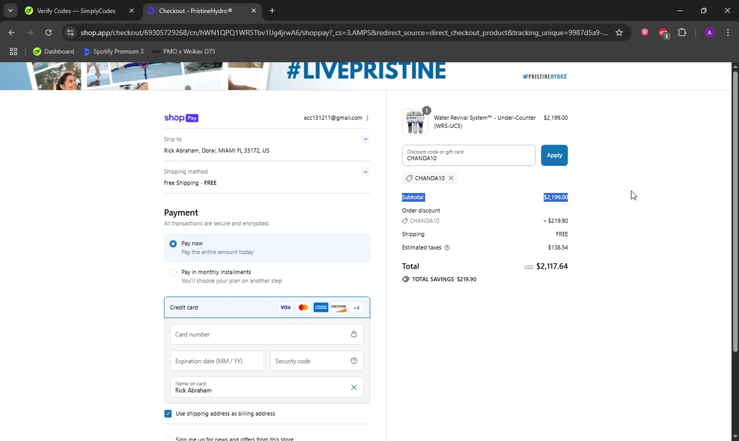PristineHydro promo code screenshot showing code CHANDA10 applied at PristineHydro checkout page. Uploaded by SimplyCodes community member DeathBone on Aug 4, 2025
