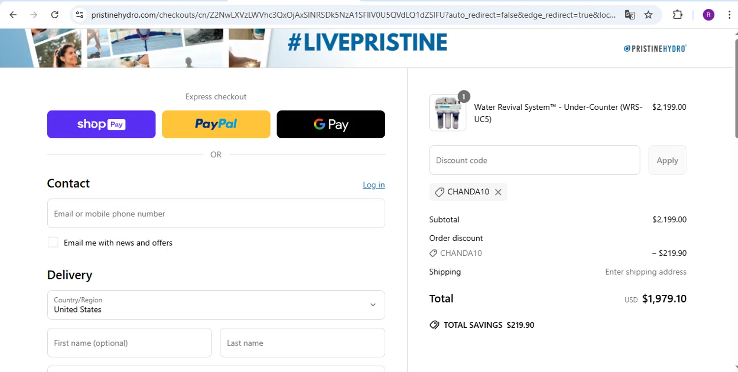 PristineHydro promo code screenshot showing code CHANDA10 applied at PristineHydro checkout page. Uploaded by SimplyCodes community member rapc3030 on Apr 25, 2025
