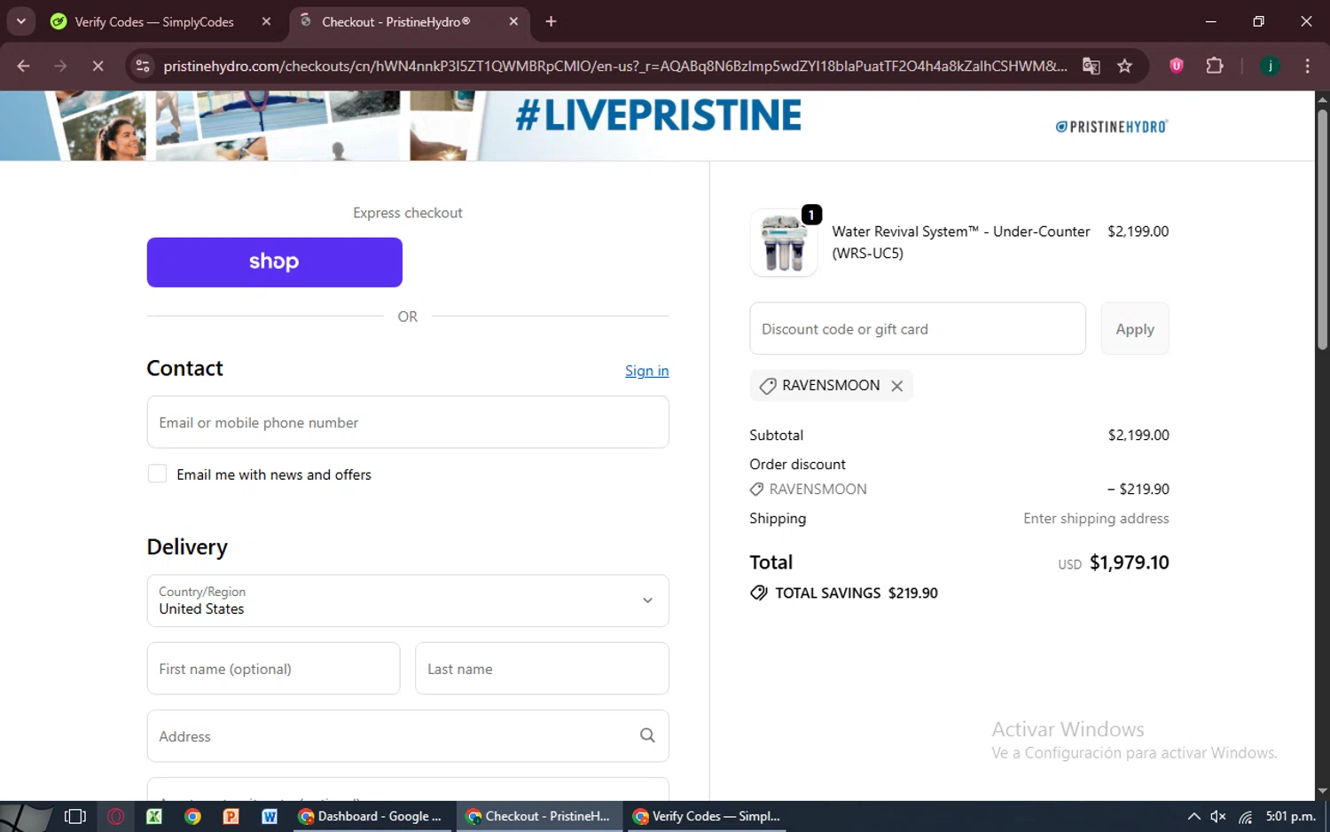 PristineHydro promo code screenshot showing code ravensmoon applied at PristineHydro checkout page. Uploaded by SimplyCodes community member MoneySpotter5416 on Nov 1, 2025