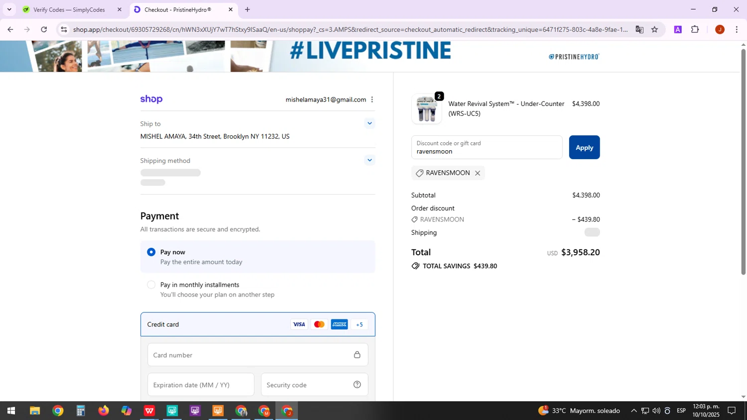 PristineHydro promo code screenshot showing code ravensmoon applied at PristineHydro checkout page. Uploaded by SimplyCodes community member TreasureTracker4321 on Oct 10, 2025