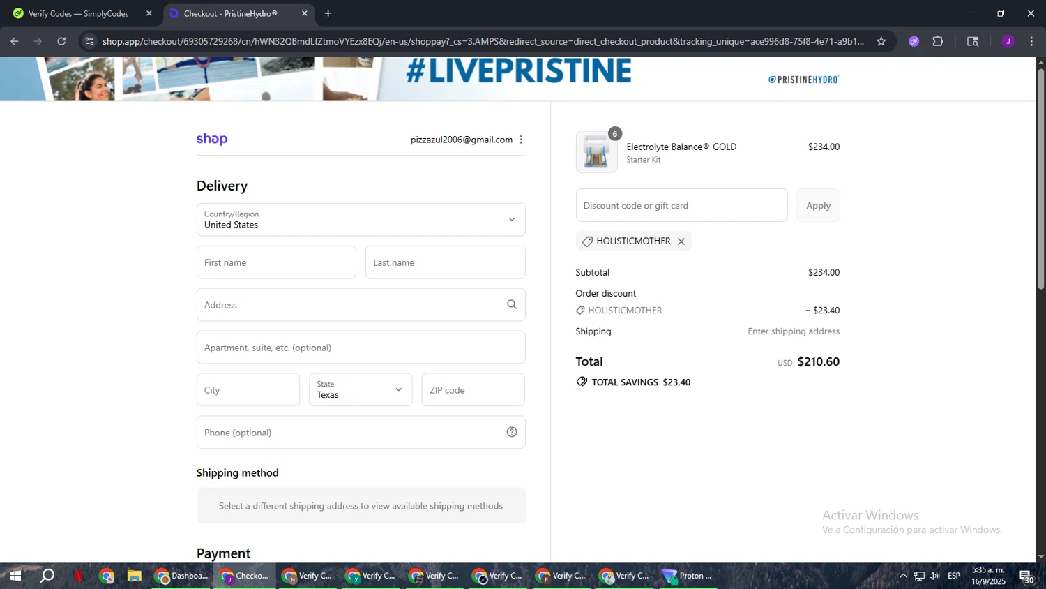 PristineHydro promo code screenshot showing code holisticmother applied at PristineHydro checkout page. Uploaded by SimplyCodes community member ComeBurra123 on Sep 16, 2025