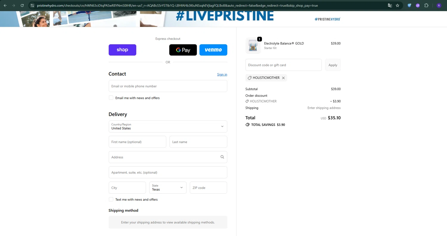 PristineHydro promo code screenshot showing code holisticmother applied at PristineHydro checkout page. Uploaded by SimplyCodes community member ShrewdShopper154 on Dec 4, 2025