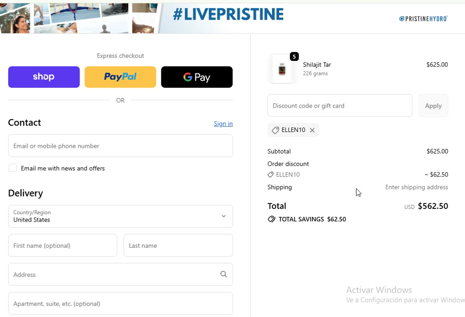 PristineHydro promo code screenshot showing code ELLEN10 applied at PristineHydro checkout page. Uploaded by SimplyCodes community member Sheele_Icon on Oct 2, 2025