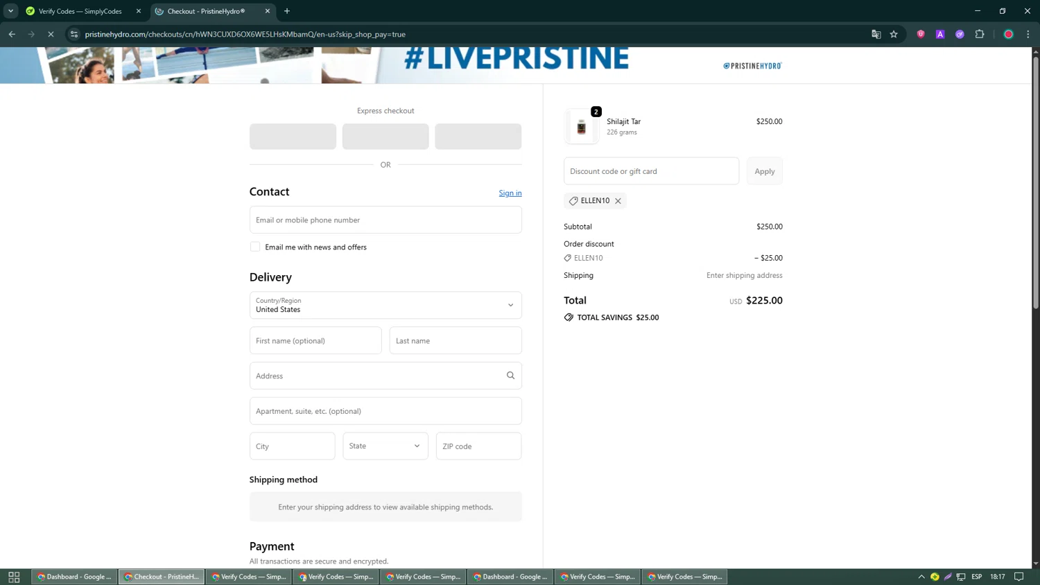 PristineHydro promo code screenshot showing code ELLEN10 applied at PristineHydro checkout page. Uploaded by SimplyCodes community member William_Jones on Sep 20, 2025