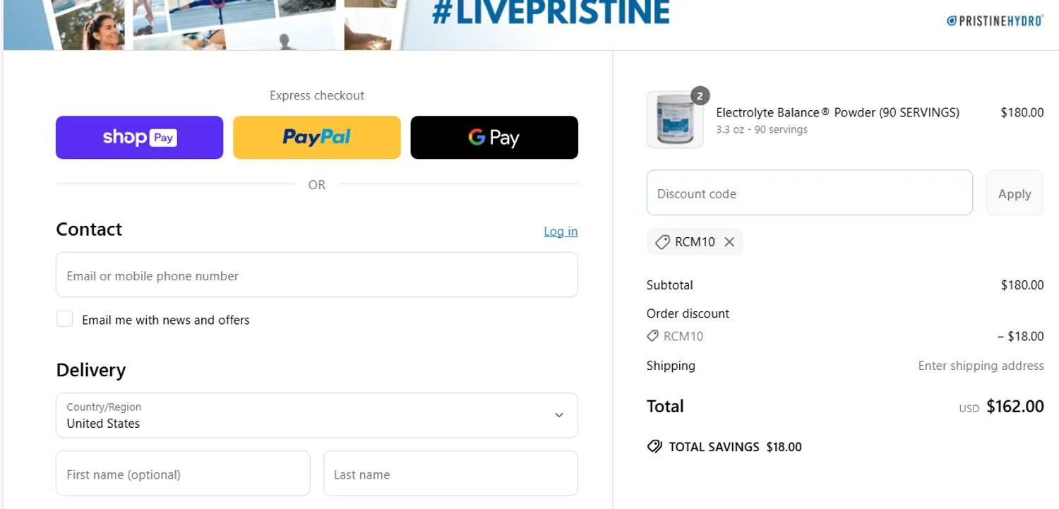 PristineHydro promo code screenshot showing code RCM10 applied at PristineHydro checkout page. Uploaded by SimplyCodes community member KarinaHZ on Mar 19, 2025