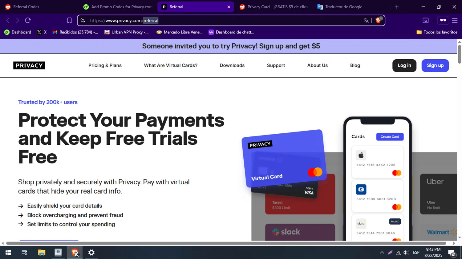 Privacy.com promo code screenshot showing code referral applied at Privacy.com checkout page. Uploaded by SimplyCodes community member BabaYaga on Aug 23, 2025