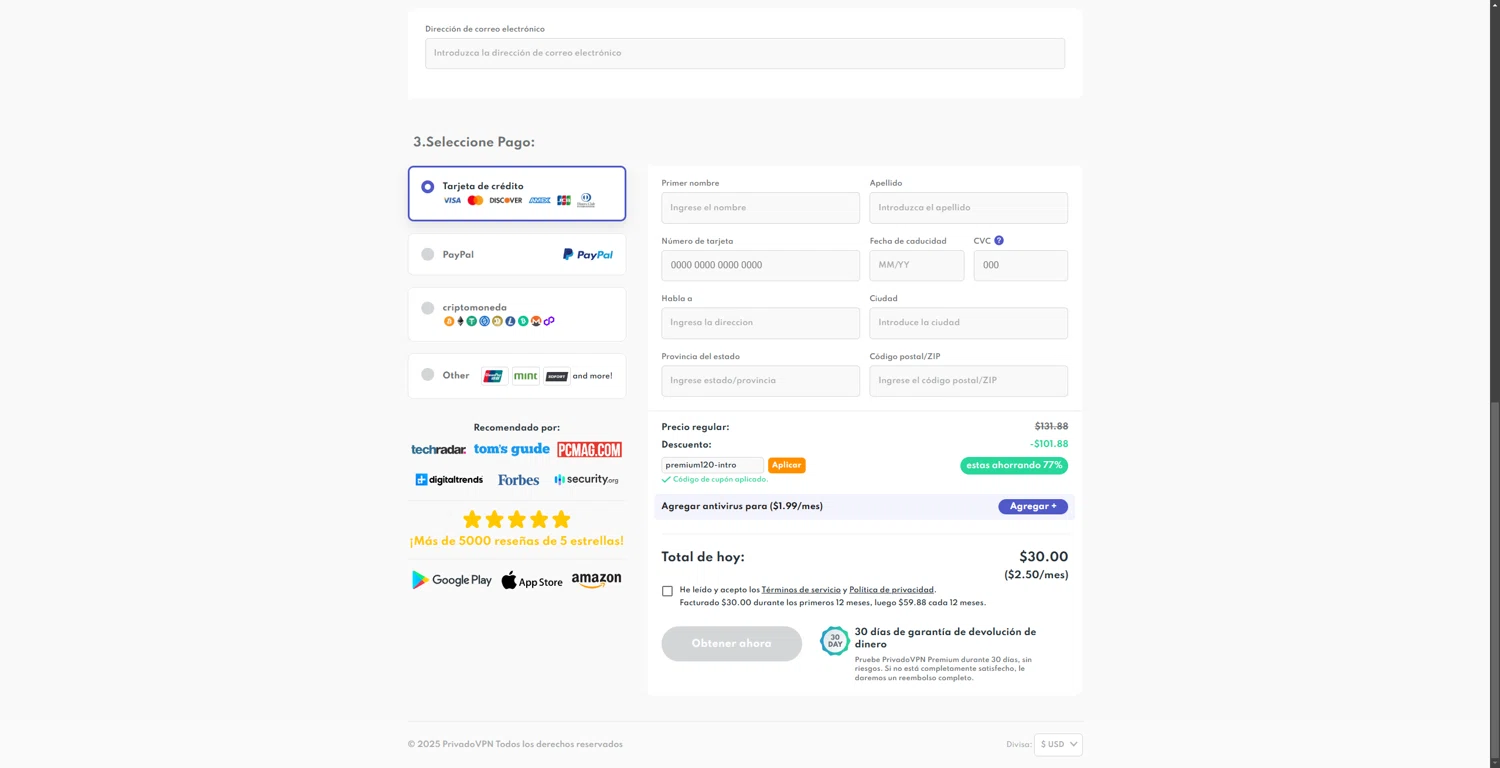 PrivadoVPN promo code screenshot showing code premium120-intro applied at PrivadoVPN checkout page. Uploaded by SimplyCodes community member 1323535 on Feb 28, 2025