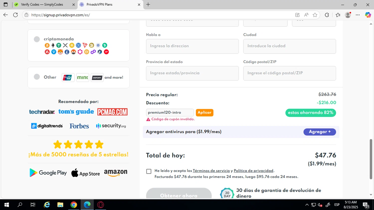 PrivadoVPN promo code screenshot showing code premium120-intro applied at PrivadoVPN checkout page. Uploaded by SimplyCodes community member SilverVirtuoso7221 on Aug 23, 2025