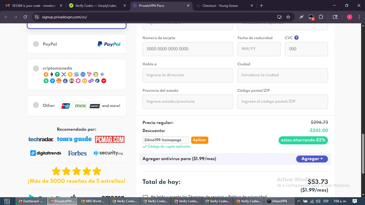 PrivadoVPN promo code screenshot showing code 24mo199-homepage applied at PrivadoVPN checkout page. Uploaded by SimplyCodes community member WisePro3739 on Dec 2, 2025